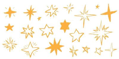 Pastel hand drawn stars with crayon and chalk texture. Cute sketch icon pattern with pencil lines and marker strokes. twinkle sparkle elements like magic fireworks or comet shapes. vector