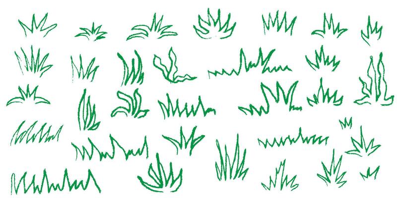 Green grass line background in crayon and pastel texture. Hand drawn doodle style sketch with pencil marker and chalk strokes. green field element for garden or nature themed children design.