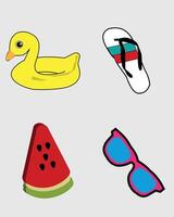 Four different types of summer accessories, including a watermelon, sunglasses and a rubber duck vector