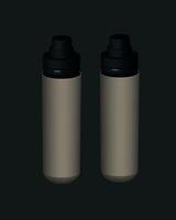 Two bottles colored cream with black caps, standing upright against a dark background. vector