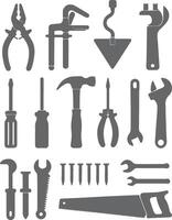 Collection of Gray Tool Silhouettes Including Wrenches Hammers Screwdrivers Pliers and Nails on White Background vector