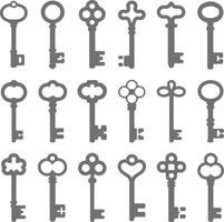Eighteen Gray Silhouette Keys Collection Various Antique Styles Ornate Designs Icons Set vector