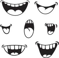 Collection of Six Cartoon Mouth Silhouettes Showing Various Expressions Including Smiling Open Mouths with Teeth Showing and a Silhouette of a vector