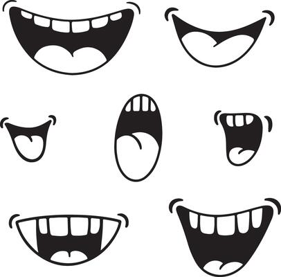Collection of Six Cartoon Mouth Silhouettes Showing Various Expressions Including Smiling Open Mouths with Teeth Showing and a Silhouette of a