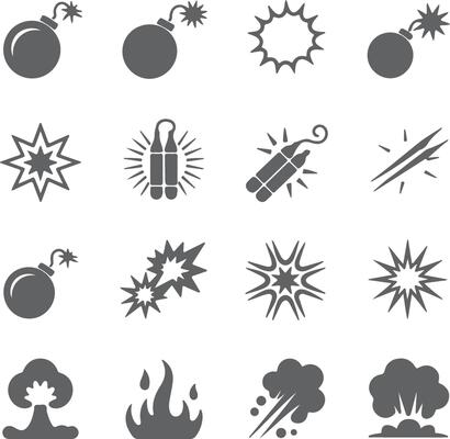 Collection of Gray Explosions Bombs Fire and Smoke Silhouette Icons Set for Graphic Design