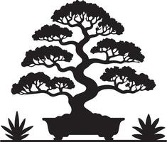 Black Silhouette Bonsai Tree in Pot with Agave Plants Detailed Illustration of a Japanese Bonsai Tree in a Black Pot Flanked by Two Agave Plants vector