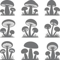 Nine Gray Mushroom Silhouette Groups Set in Grass Simple Nature Illustration Design Elements vector