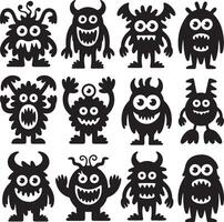 Twelve Black Silhouette Monsters Cartoon Characters Set Funny Cute Friendly Big Eyes Grinning Teeth Various Shapes and Sizes vector
