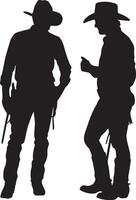 Two Black Silhouettes of Cowboys Wearing Hats and Boots Engaging in Conversation One Cowboy Appears to be Gesturing vector