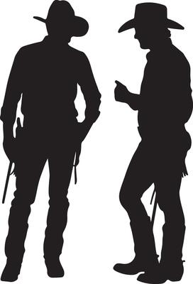 Two Black Silhouettes of Cowboys Wearing Hats and Boots Engaging in Conversation One Cowboy Appears to be Gesturing