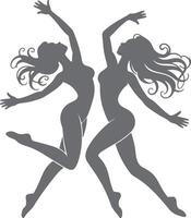 Two Gray Female Silhouettes Dancing Gracefully with Flowing Hair a Dynamic Pose Against a White Background a Stylized Art Deco Inspired Design vector