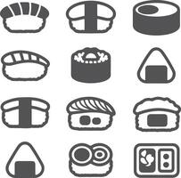 Twelve Gray and White Sushi and Onigiri Silhouette Icons Set Japanese Food Menu Graphic Design Elements vector