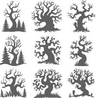 Nine Gray Silhouette Tree Illustrations Featuring Twisted Branches and Small Conifers Some Trees Display a Spooky Halloween Vibe vector