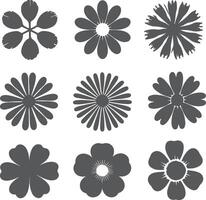 Nine Dark Gray Flower Silhouettes Various Styles Simple Floral Designs Botanical Elements Graphic Set vector