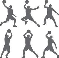 Six Gray Silhouettes of Basketball Players in Various Action Poses Shooting and Holding the Ball on White Background vector