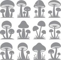 Twelve Gray Mushroom Silhouettes Set Various Sizes and Styles Grass Backgrounds Simple Nature Illustration Graphic Design Elements vector