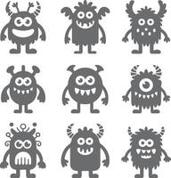 Nine Gray Cartoon Monster Silhouettes with Various Features Smiling Faces and Unique Body Shapes Set of Cute Friendly Characters for Kids Design vector