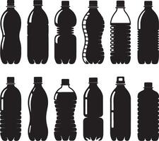 Twelve Black Silhouette Plastic Bottle Variations Collection Different Shapes and Sizes Beverage Container Icons Set vector