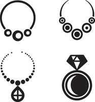 Four Black Silhouette Jewelry Designs Necklace Pendant Ring Elegant Minimalist Style Icons Graphics vector