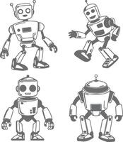 Four Grey Silhouette Robots Cartoon Style Illustrations Set Digital Download Printable Graphic Design Elements vector