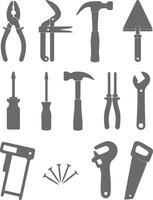 Collection of Gray Silhouette Tool Icons Including Hammers Pliers Screwdrivers Wrenches and a Saw Nails and Trowel vector