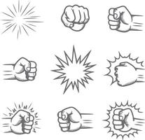 Nine Gray Scale Hand Fist Silhouette Illustrations Impact Burst Effect Comic Style Design Elements vector