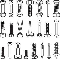 Collection of Black and White Line Drawings of Various Bolts Screws Nuts and Fasteners Isolated on White Background Silhouette Style Hardware vector