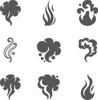 Nine stylized grayscale smoke and fire silhouettes illustrations abstract design elements various shapes swirling forms cloud puff flame icons vector