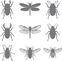 Nine Gray Insect Silhouettes Stag Beetle Dragonfly and Bee Illustrations Nature Collection 1 vector