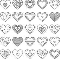 Collection of Twenty Five Gray Scale Hand Drawn Heart Silhouettes with Varied Patterns and Textures Romantic Love Symbols Set for Valentines Day vector