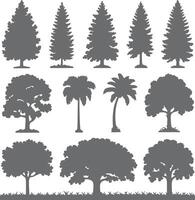 Collection of Gray Tree Silhouettes Various Types Coniferous Deciduous Palm Trees Isolated on White Background Simple Flat Design Illustration vector