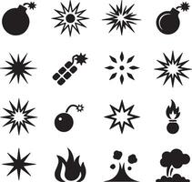 Collection of Black Silhouette Icons Depicting Explosions Bombs and Fire Various Starburst Shapes and Fire Symbols Included vector