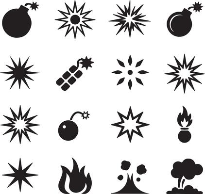 Collection of Black Silhouette Icons Depicting Explosions Bombs and Fire Various Starburst Shapes and Fire Symbols Included
