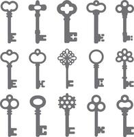 Fifteen Gray Silhouette Keys Antique Style Key Icons Set Illustration Different Shapes Ornate Key Designs Collection vector
