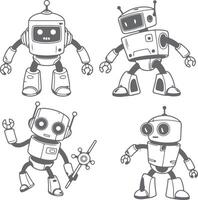 Four Gray Silhouette Robots Cartoon Illustration Set Cute Friendly Characters Design Elements vector