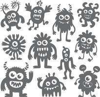 Twelve Gray Cartoon Monsters Silhouettes Collection Cute Funny Friendly Characters Set White Background Childish Design Elements vector