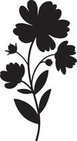 Black Silhouette of a Delicate Flower Stem with Several Blooms and Leaves Simple Botanical Illustration Floral Design Element vector