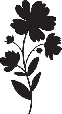 Black Silhouette of a Delicate Flower Stem with Several Blooms and Leaves Simple Botanical Illustration Floral Design Element