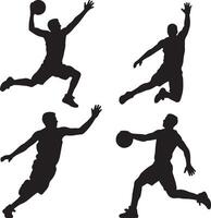 Four Black Silhouettes of Basketball Players Dynamically Posing in Action Shots Showing Leaps and Throws Against a White Background vector