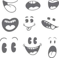 Collection of Gray Cartoon Mouths Eyes and Faces Showing Various Expressions Including Happy Surprised and Silly Silhouettes vector