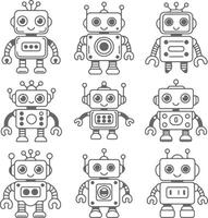 Nine Gray Silhouette Robots Cute Cartoon Characters Friendly Expressions Simple Line Art Design Childrens Illustration Set vector