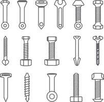 Collection of Gray Silhouette Screw Bolts Nuts and Washers Hardware Fasteners Engineering Design Elements vector