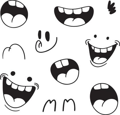 Collection of Cartoon Mouths Silhouettes Black and White Open Smiling Teeth Expressions Hand Drawn Style Funny Faces Illustration