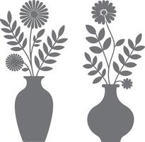 Two Gray Silhouette Flower Arrangements in Vases Simple Floral Design Gray Flowers and Leaves Botanical Illustration vector