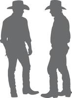 Two Gray Silhouettes of Cowboys Wearing Cowboy Hats and Boots Facing Each Other on White Background vector