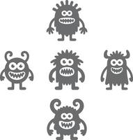 Five Gray Cartoon Monster Silhouettes with Varying Hair and Antlers Smiling Faces White Teeth Simple Flat Design Cute Playful Characters vector