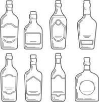 Eight Gray Silhouette Liquor Bottle Designs with Blank Labels Various Shapes and Sizes Hand Drawn Style Cork Tops Alcohol Beverage Packaging Mockups vector