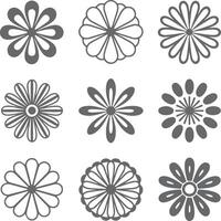 Nine Gray Scale Floral Designs Set Simple Flower Silhouettes Circular Patterns Graphic Elements for Decoration vector