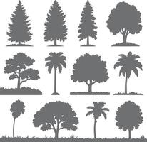 Twelve Gray Silhouette Trees Collection Various Types Coniferous Deciduous Palm Trees Isolated on White Background Simple Graphic Design Elements vector