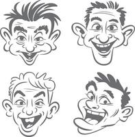 Four Gray Scale Cartoon Silhouettes of Men with Exaggerated Features Showing Wide Open Mouths and Expressive Eyes vector